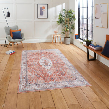 Washable Tabriz H1156 Traditional Vintage Distressed Medallion Border Textured Lightweight Printed Polyester Flatweave Terracotta Rug-Think Rugs-Rug Love - The Most Loved Rug Store